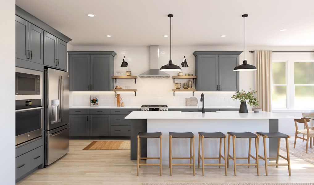 Kitchen with floating shelves and pendant lighting Kitchen with floating shelves and pendant lighting
