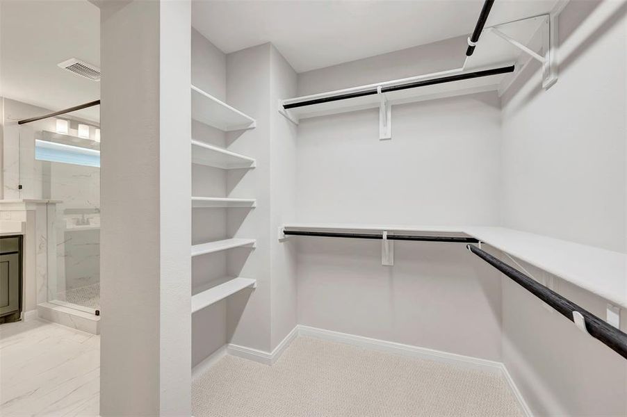 Walk in closet with light carpet