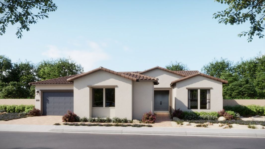 Front exterior of a new home in Estates at Kings Ranch, Gold Canyon, AZ, highlighting curb appeal (Image 20).