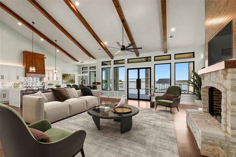 Virtually Staged- Chef’s kitchen with oversized 10’ island overlooking the living area with bar seating.