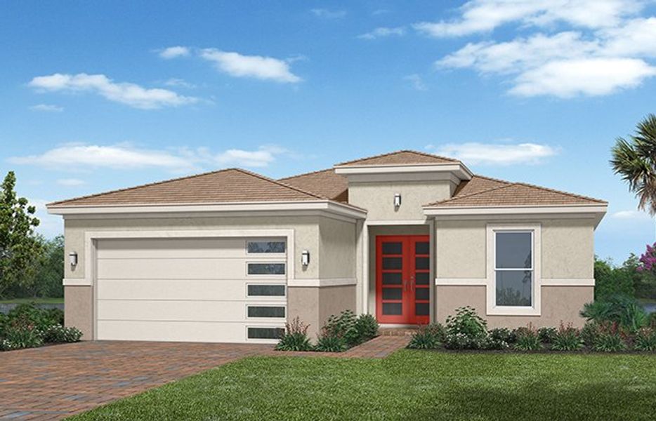 Representative exterior photo of a completed home built from the Persimmon by Minto Communities in Westlake, Loxahatchee, FL (Image 14).