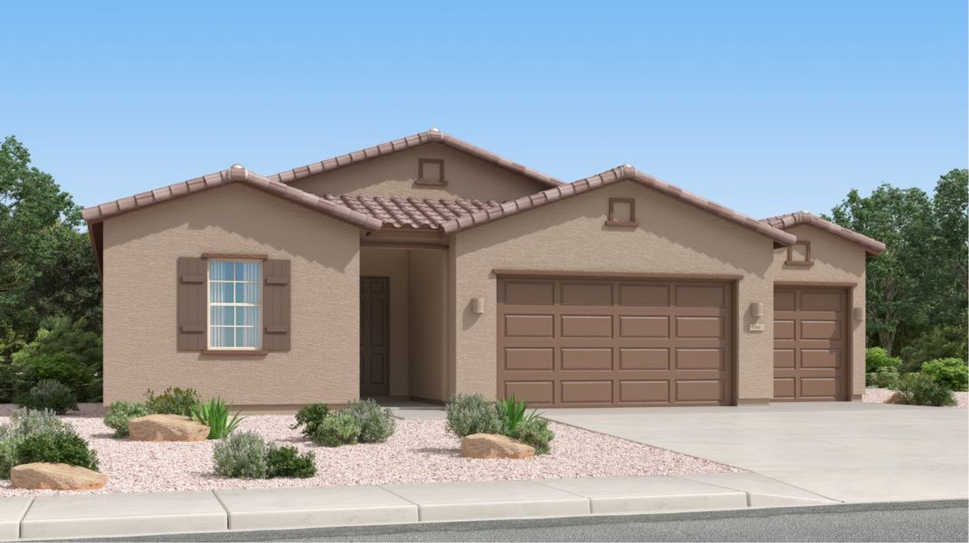 Front exterior of a new home in Santa Rita Ranch, Vail, AZ, highlighting curb appeal (Image 1). Front exterior of a new home in Santa Rita Ranch, Vail, AZ, highlighting curb appeal (Image 1).