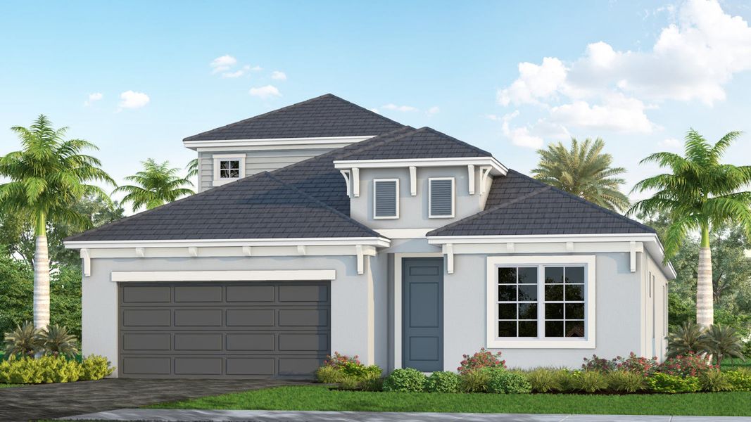Front exterior of a new home in Windward Real Estate and Homes for Sale in Sarasota, FL - Neal Communities, Lakewood Ranch, FL, highlighting curb appeal (Image 2).