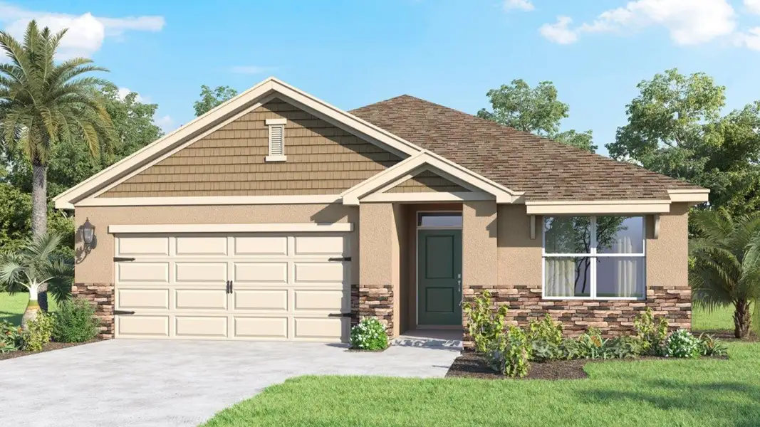 Front exterior of a new home in Crosswinds, Haines City, FL, highlighting curb appeal (Image 1). Front exterior of a new home in Crosswinds, Haines City, FL, highlighting curb appeal (Image 1).