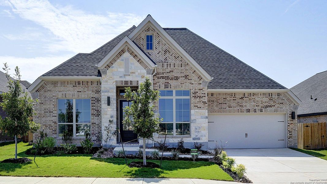 Front exterior of a new home in Kallison Ranch 60', San Antonio, TX, highlighting curb appeal (Image 19).