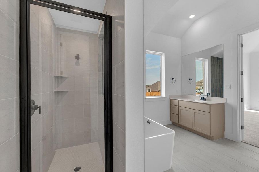 Bathroom featuring a shower stall, vanity, and vaulted ceiling Bathroom featuring a shower stall, vanity, and vaulted ceiling