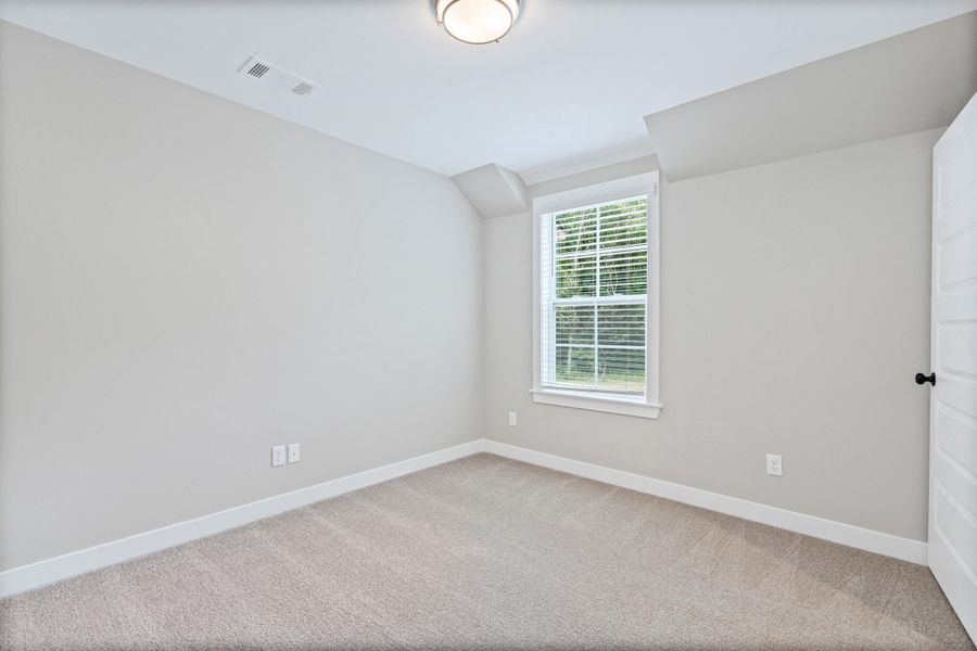 Carpeted room with a double-hung window featuring white blinds, light gray walls, white trim, and a flush-mount ceiling light Carpeted room with a double-hung window featuring white blinds, light gray walls, white trim, and a flush-mount ceiling light