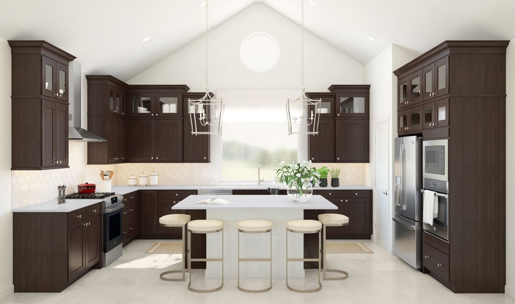 Kitchen with vaulted ceiling and pendant lighting