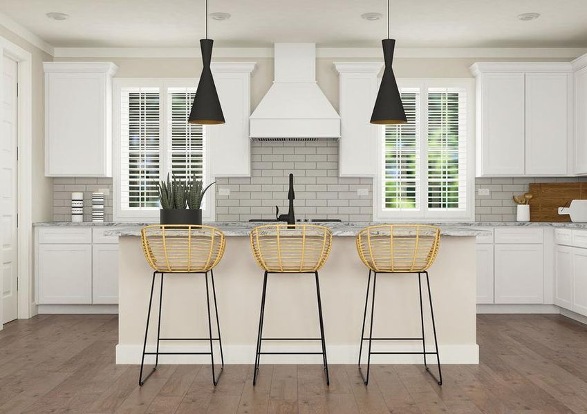 Rendering of kitchen with white cabinetry
  and stainless steel appliances. This room also has three stools at the
  counterÂ