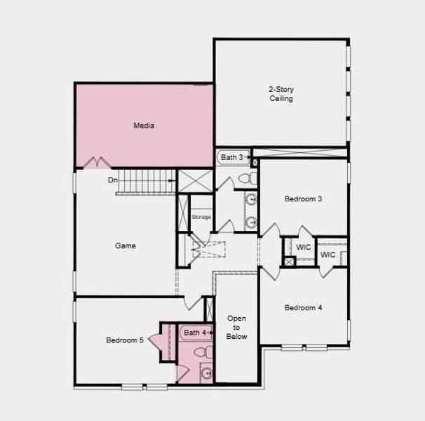 Second Floor Plan - Additional Highlights Include: Media room, upstairs full bathroom, mud set shower at downstairs secondary bath, extended primary suite, extended covered patio, and slide-in tub at primary bath Second Floor Plan - Additional Highlights Include: Media room, upstairs full bathroom, mud set shower at downstairs secondary bath, extended primary suite, extended covered patio, and slide-in tub at primary bath
