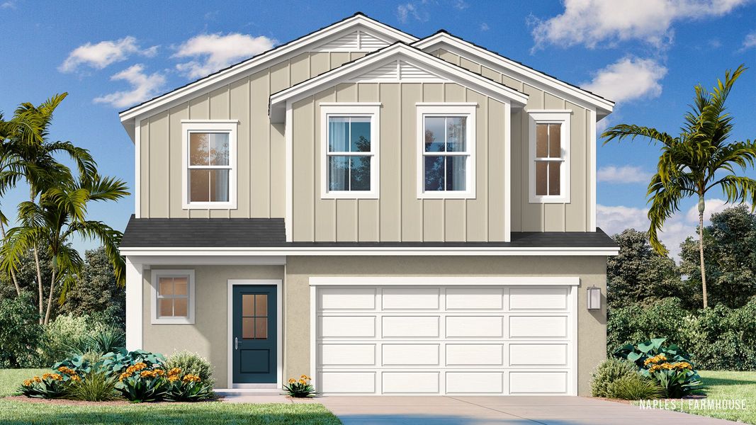 Naples Farmhouse elevation at Willowbrook North, a New lakefront home community in Winter Haven, FL Naples Farmhouse elevation at Willowbrook North, a New lakefront home community in Winter Haven, FL