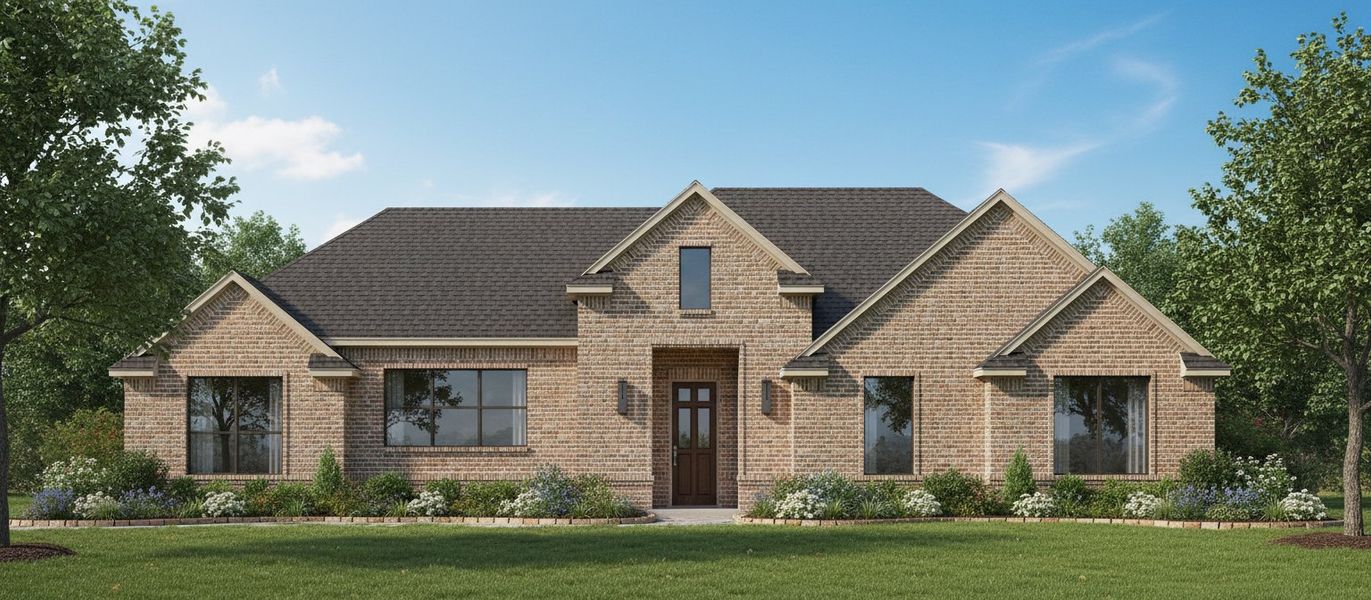 Representative exterior photo of a completed home built from the The Petunia by Kenmark Homes in Taylor Ranch, Springtown, TX (Image 1). Representative exterior photo of a completed home built from the The Petunia by Kenmark Homes in Taylor Ranch, Springtown, TX (Image 1).