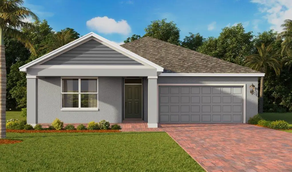 Front exterior of a new home in Cypress Bay West, Palm Bay, FL, highlighting curb appeal (Image 1). Front exterior of a new home in Cypress Bay West, Palm Bay, FL, highlighting curb appeal (Image 1).