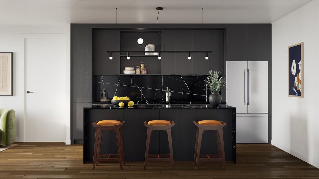 Shown in the Moontower palette, this kitchen features warm cabinetry, black hardware, black quartz countertops with white veining, and Bosch appliances, along with a fully functional setup including cookware, dishes, and a coffee machine for everyday use.