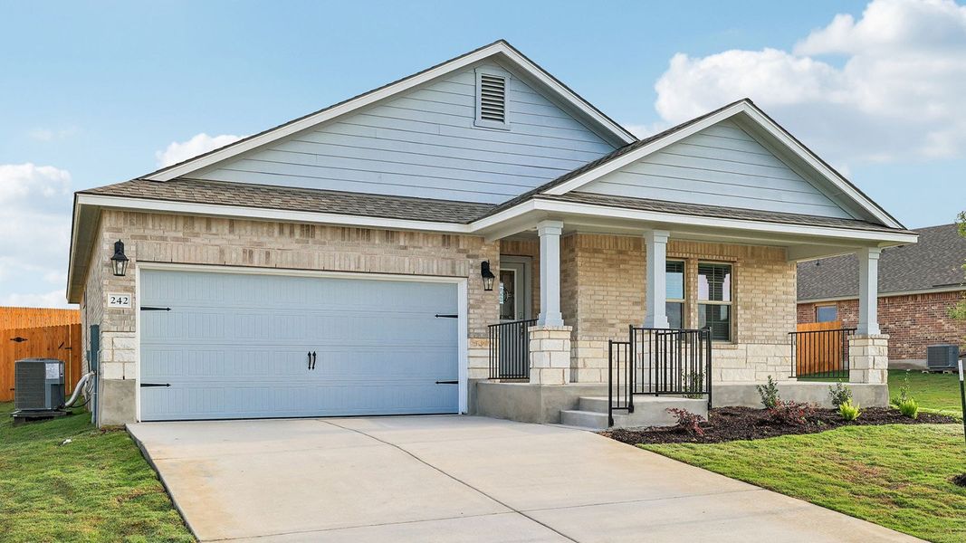Front exterior of a new home in Creekfall, Burnet, TX, highlighting curb appeal (Image 19).