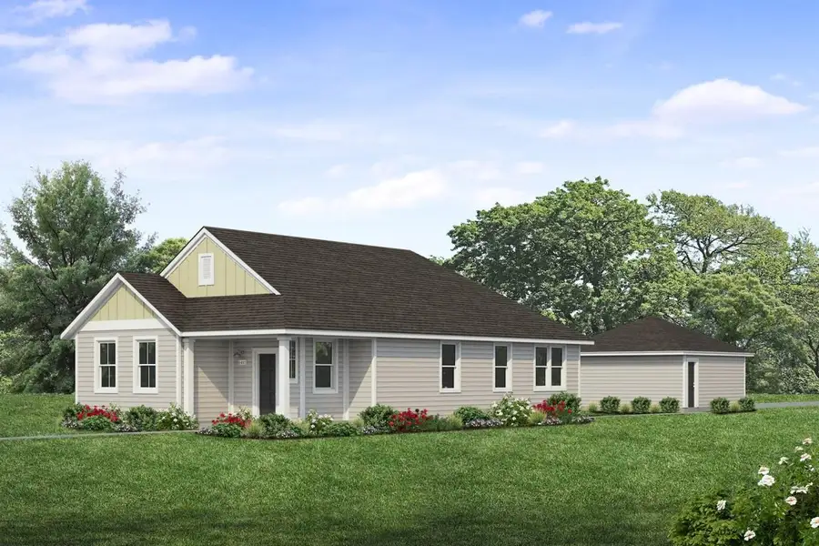 Rendering of one story yellow and light tan home with black door and detached garage with sky and landscaping Rendering of one story yellow and light tan home with black door and detached garage with sky and landscaping