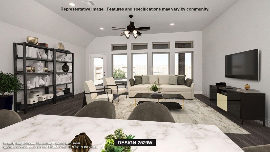 Living room featuring wood finished floors, recessed lighting, a ceiling fan, and vaulted ceiling