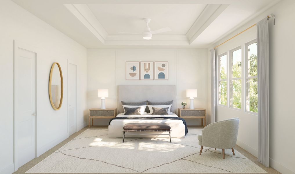 Primary suite with tray ceiling and decorative feature wall Primary suite with tray ceiling and decorative feature wall