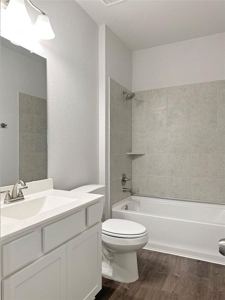 The Kettering II- Secondary Hall Bath. Home under construction. Sample floor plan photo used for illustrative purposes only. Upgrades, selections options, windows and colors may vary. The Kettering II- Secondary Hall Bath. Home under construction. Sample floor plan photo used for illustrative purposes only. Upgrades, selections options, windows and colors may vary.