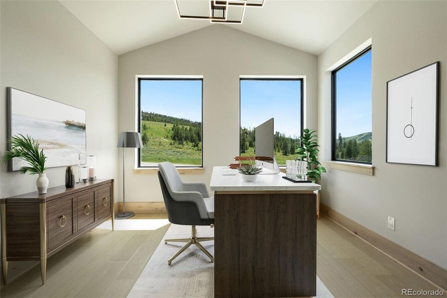 Upper office with views digitally staged