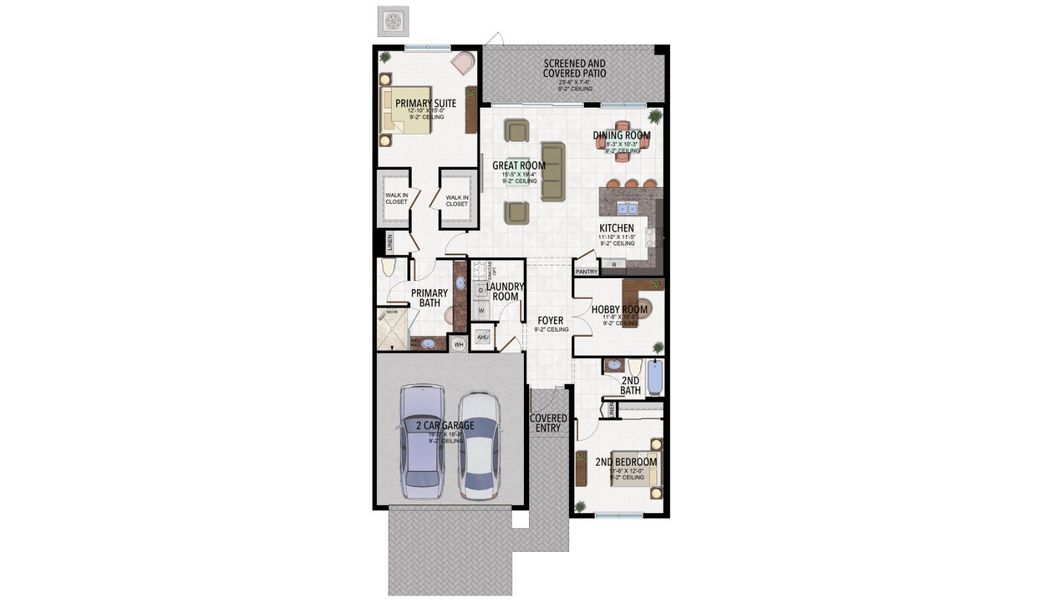 2D floor plan layout of this home in Valencia Parc at Riverland, Port St. Lucie, FL (Image 2).