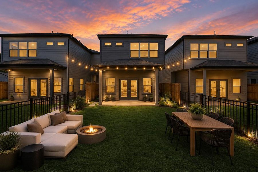 Modern curb appeal meets smart, energy-Spacious backyard with covered patio, ideal for entertaining, relaxing, or everyday outdoor living.