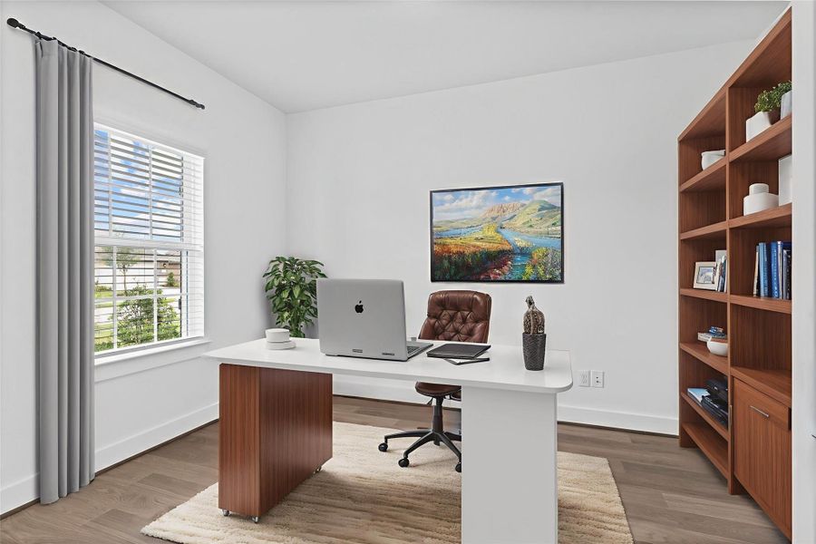 Just open the French doors to your private home office, great location!  Stunning carefree large tile plank wood looking floors!