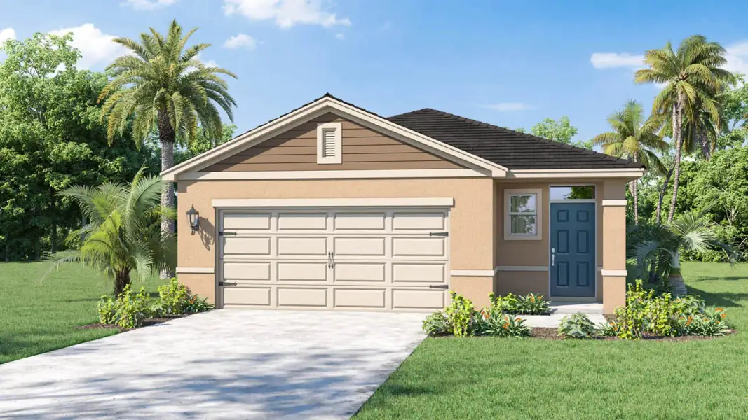 Front exterior of a new home in Cascades, Davenport, FL, highlighting curb appeal (Image 2). Front exterior of a new home in Cascades, Davenport, FL, highlighting curb appeal (Image 2).