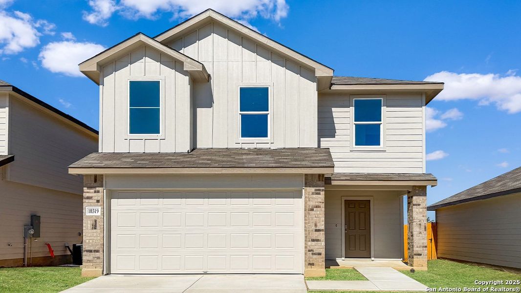 Front exterior of a new home in Sereno Springs, Converse, TX, highlighting curb appeal (Image 2). Front exterior of a new home in Sereno Springs, Converse, TX, highlighting curb appeal (Image 2).