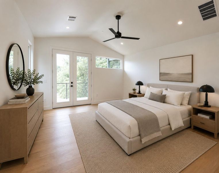Vast ceilings and abundant light define this serene bedroom sanctuary with private balcony access. (virtually staged) Vast ceilings and abundant light define this serene bedroom sanctuary with private balcony access. (virtually staged)