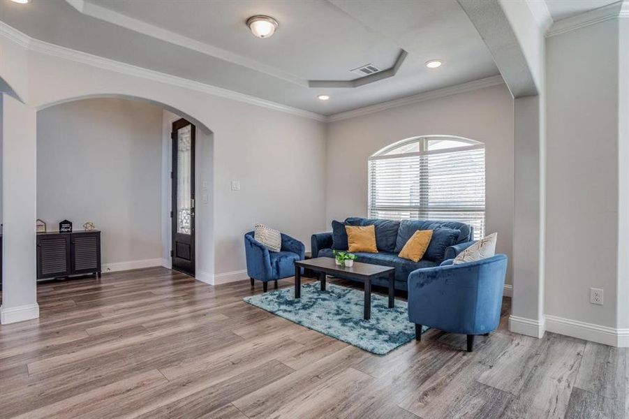 Living room featuring crown molding, light hardwood / wood-style flooring, and a tray ceiling