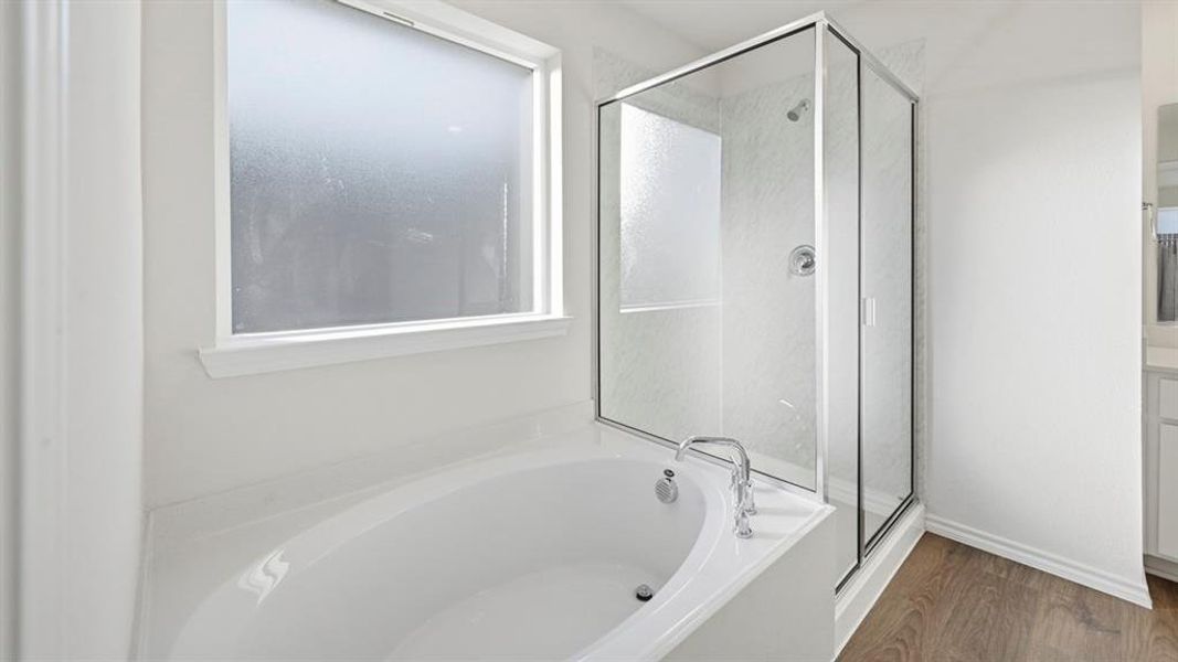 Bathroom featuring a bath, a shower stall, wood finished floors, and vanity