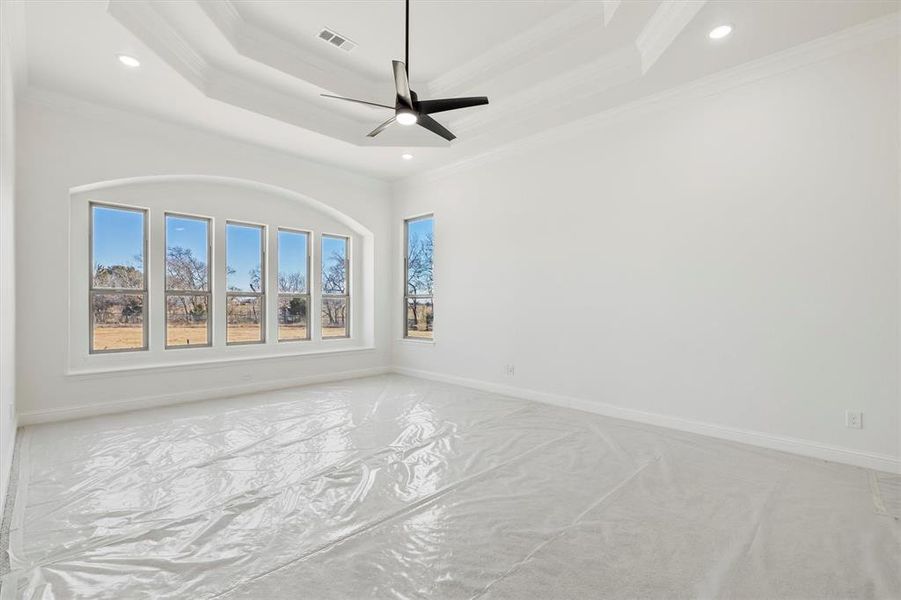 Master bedroom featuring ceiling fan, a raised ceiling, and ornamental molding