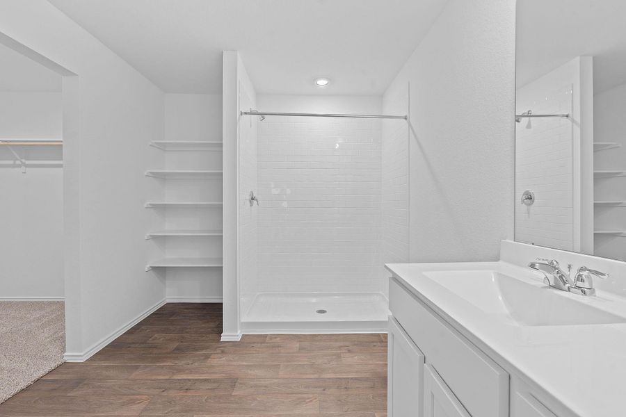 Full bath featuring a walk in closet, vanity, a shower stall, and dark wood-style floors Full bath featuring a walk in closet, vanity, a shower stall, and dark wood-style floors