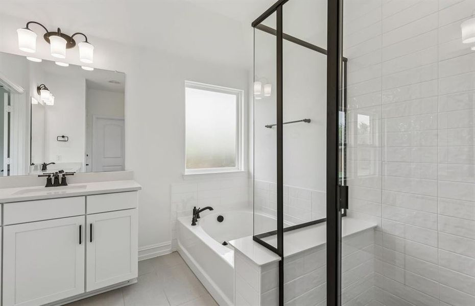 Modern owner's bath with dual vanities and a spacious shower *Model representation Modern owner's bath with dual vanities and a spacious shower *Model representation