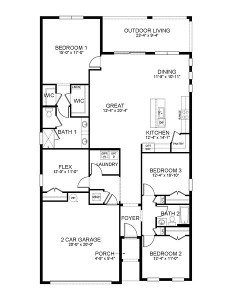 2D floor plan layout for the Delray by D.R. Horton in Stonewater, Cape Coral, FL (Image 3).
