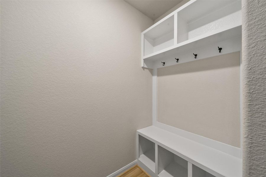 Charming, organized mudroom featuring sleek built-in storage and convenient hooks for a clutter-free entryway.