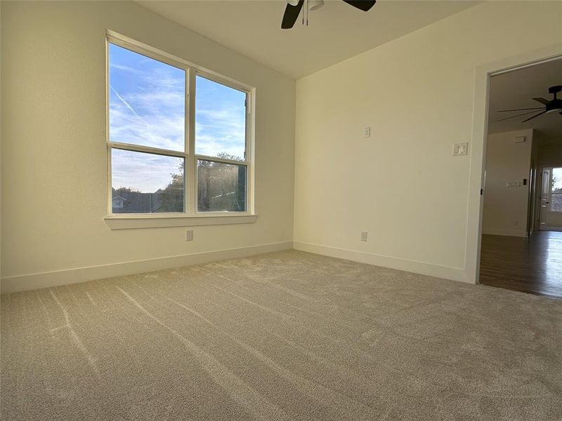 Carpeted spare room with ceiling fan