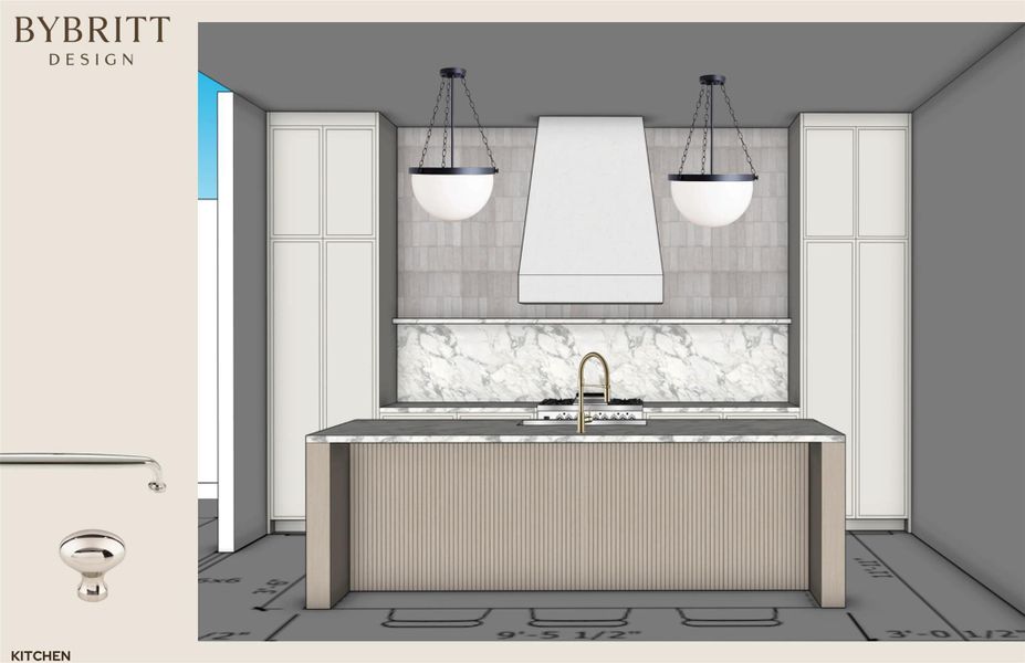 Kitchen featuring a central island with reeded paneling, stone countertops, integrated cooktop, marble backsplash, and two suspended globe pendant lights