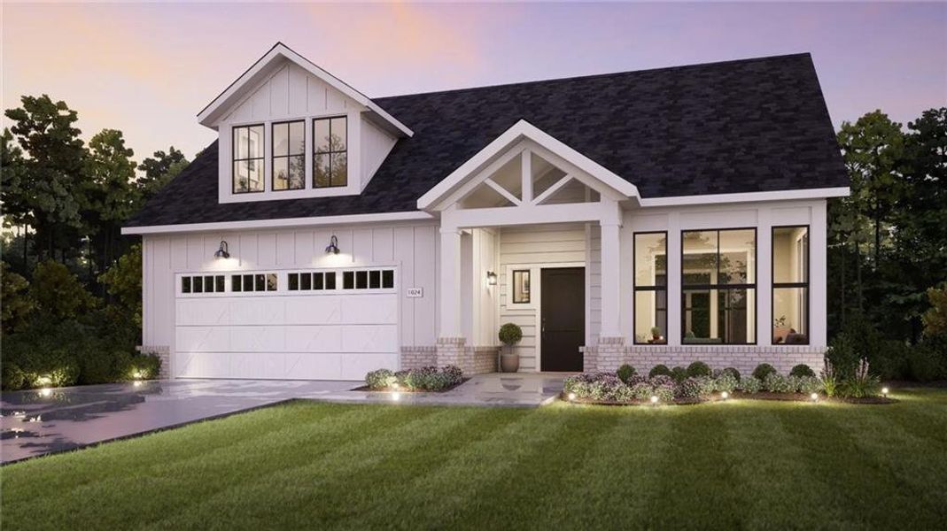 Front exterior of a new home in The Courtyards at Redbud Lane, Holly Springs, GA, highlighting curb appeal (Image 1).
