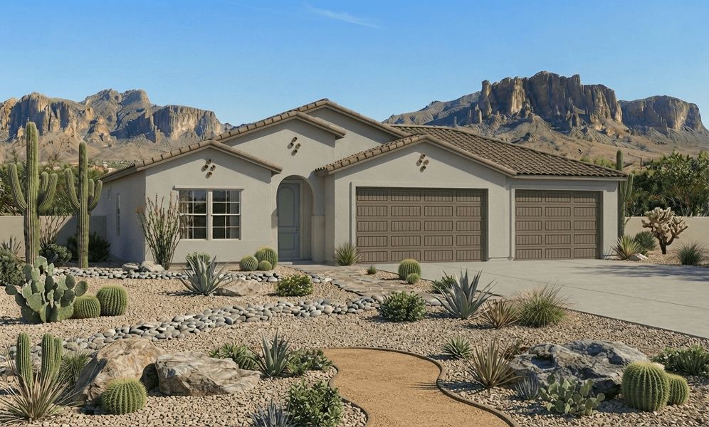 Representative exterior photo of a completed home built from the Arcadia by William Ryan Homes in Silver Cross, San Tan Valley, AZ (Image 1). Representative exterior photo of a completed home built from the Arcadia by William Ryan Homes in Silver Cross, San Tan Valley, AZ (Image 1).