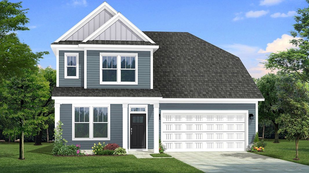 Two-story single family home with blue siding, a covered front porch and 2 car garage. Two-story single family home with blue siding, a covered front porch and 2 car garage.