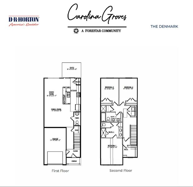 2D floor plan layout for the DENMARK by D.R. Horton in Carolina Groves Townhomes, Moncks Corner, SC (Image 3).