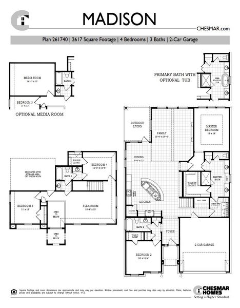 2D floor plan layout for the Madison by Chesmar Homes in New Haven, Manor, TX (Image 4).