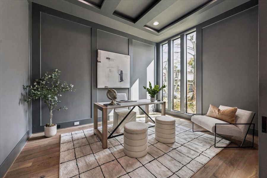 This private study offers a quiet retreat with a glass sliding door that allows it to be closed off for privacy. Overlooking the front yard, it provides a bright and peaceful setting ideal for work or relaxation.