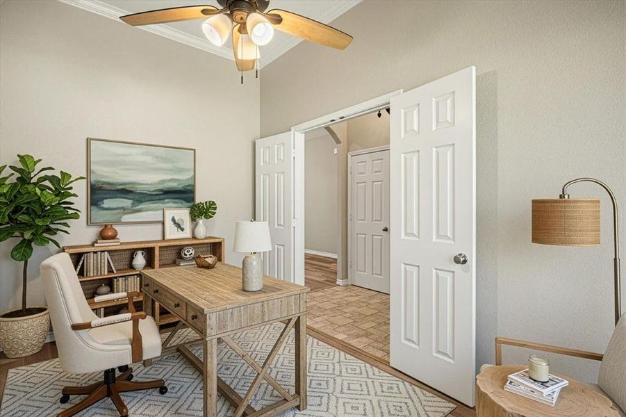 4403 N. Port Ridglea Ct. Granbury,TX 76049 Office with a ceiling fan, ornamental molding, and a high ceiling."Virtually staged to help you visualize the potential of this space."