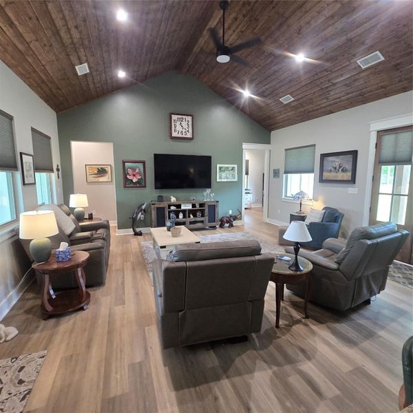 LIVING ROOM VIEW OF WOOD VAULTED CEILING FINISHOUT LIVING ROOM VIEW OF WOOD VAULTED CEILING FINISHOUT