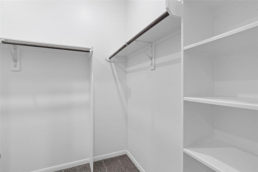 The primary suite features a generous walk-in closet equipped with functional hanging rods and shelving.