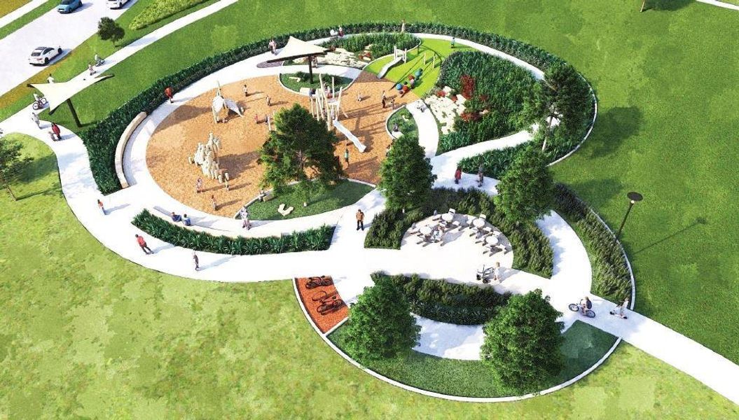 Community park with a playground area, paved pathways, and shaded seating areas