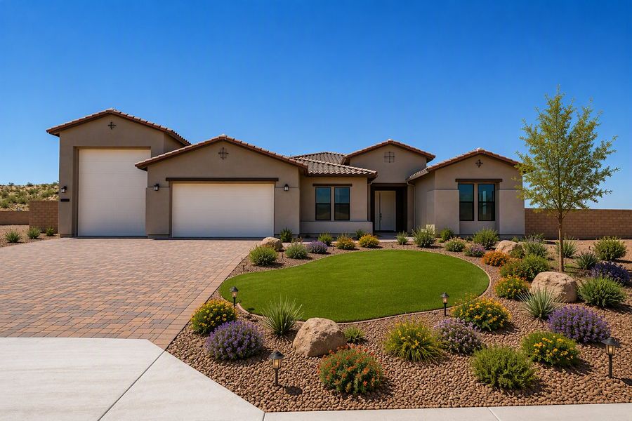 Front exterior of a new home in Estates at Kings Ranch, Gold Canyon, AZ, highlighting curb appeal (Image 30). Front exterior of a new home in Estates at Kings Ranch, Gold Canyon, AZ, highlighting curb appeal (Image 30).